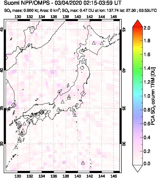 A sulfur dioxide image over Japan on Mar 04, 2020.