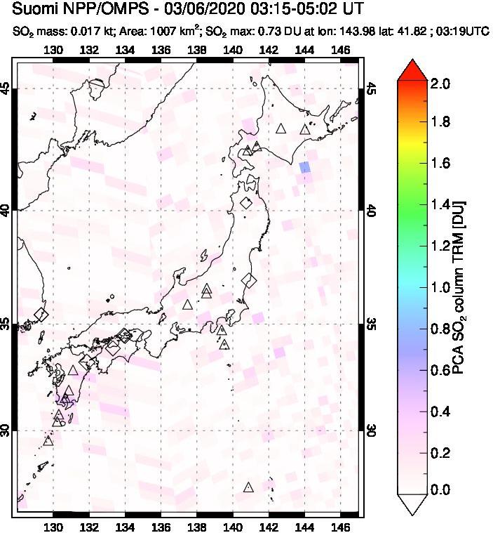 A sulfur dioxide image over Japan on Mar 06, 2020.