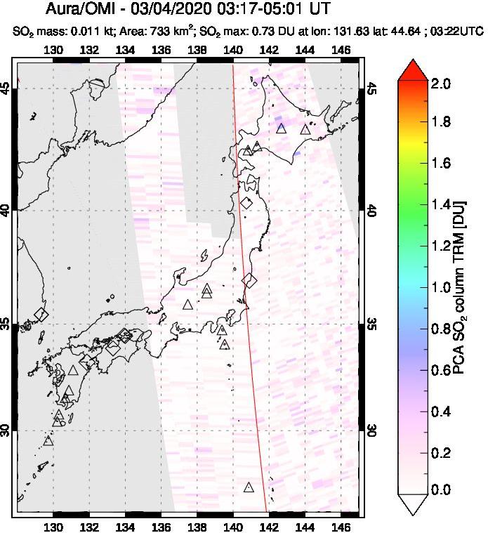A sulfur dioxide image over Japan on Mar 04, 2020.