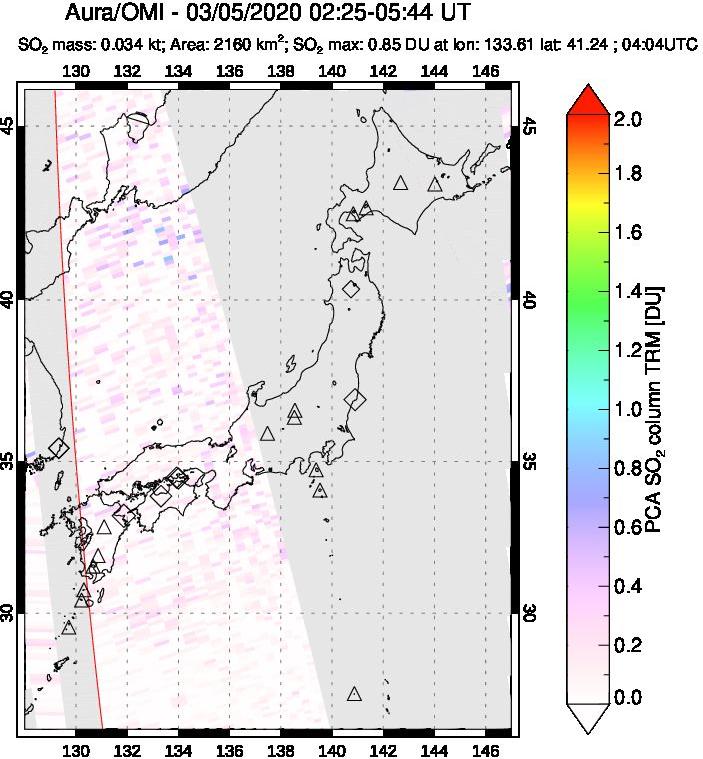 A sulfur dioxide image over Japan on Mar 05, 2020.