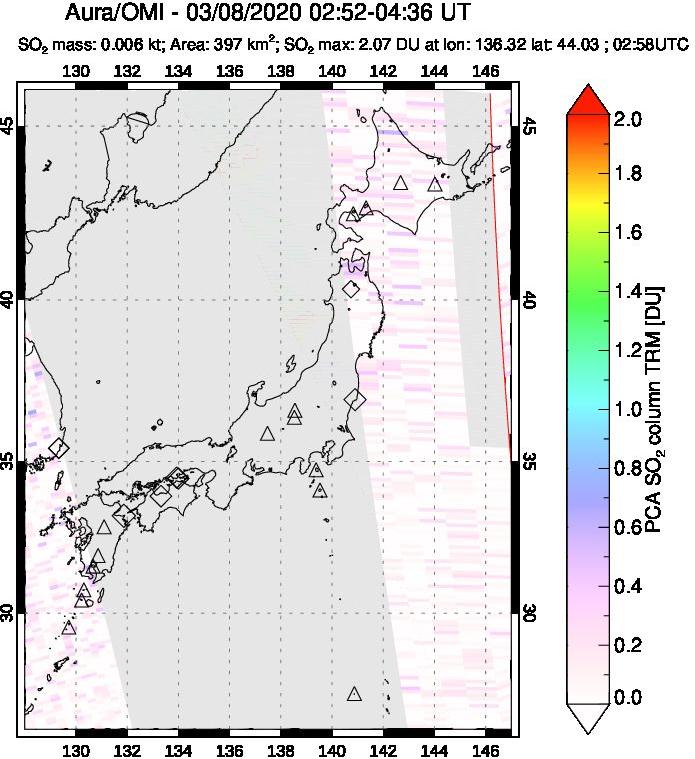 A sulfur dioxide image over Japan on Mar 08, 2020.