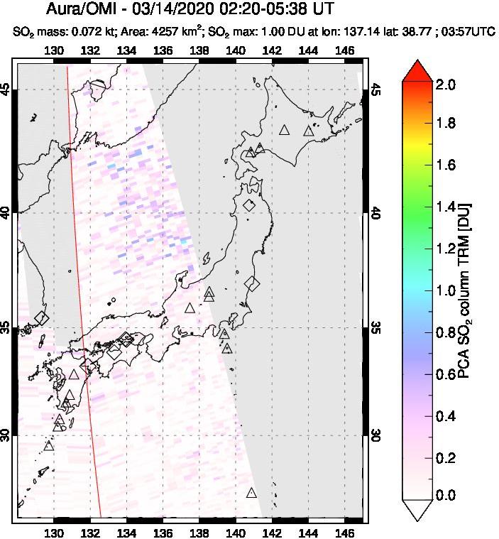 A sulfur dioxide image over Japan on Mar 14, 2020.