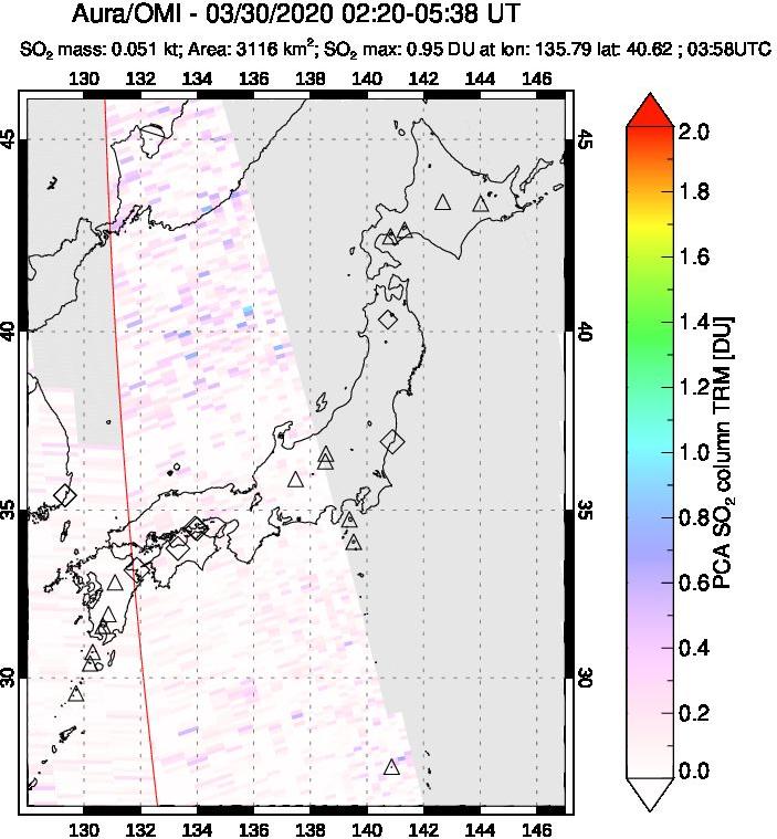 A sulfur dioxide image over Japan on Mar 30, 2020.