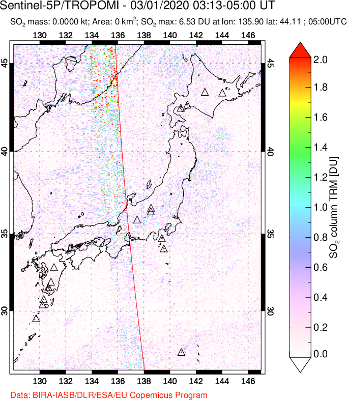 A sulfur dioxide image over Japan on Mar 01, 2020.