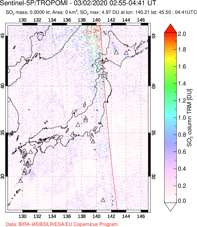 A sulfur dioxide image over Japan on Mar 02, 2020.