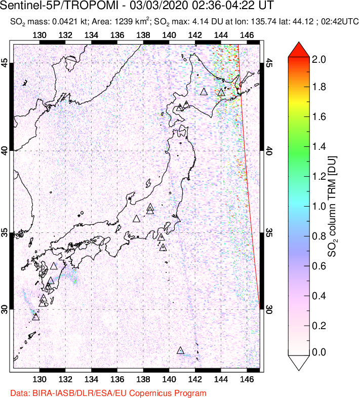 A sulfur dioxide image over Japan on Mar 03, 2020.