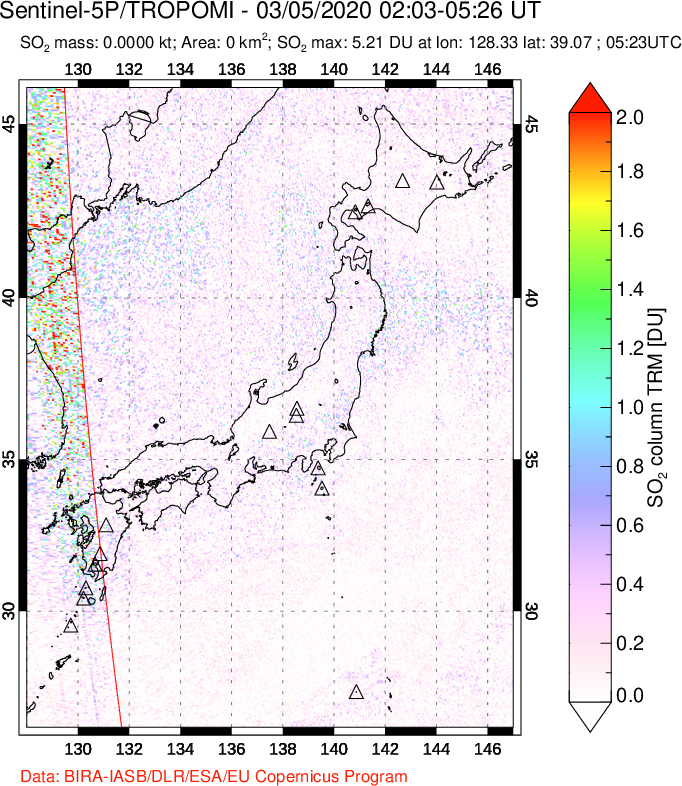A sulfur dioxide image over Japan on Mar 05, 2020.