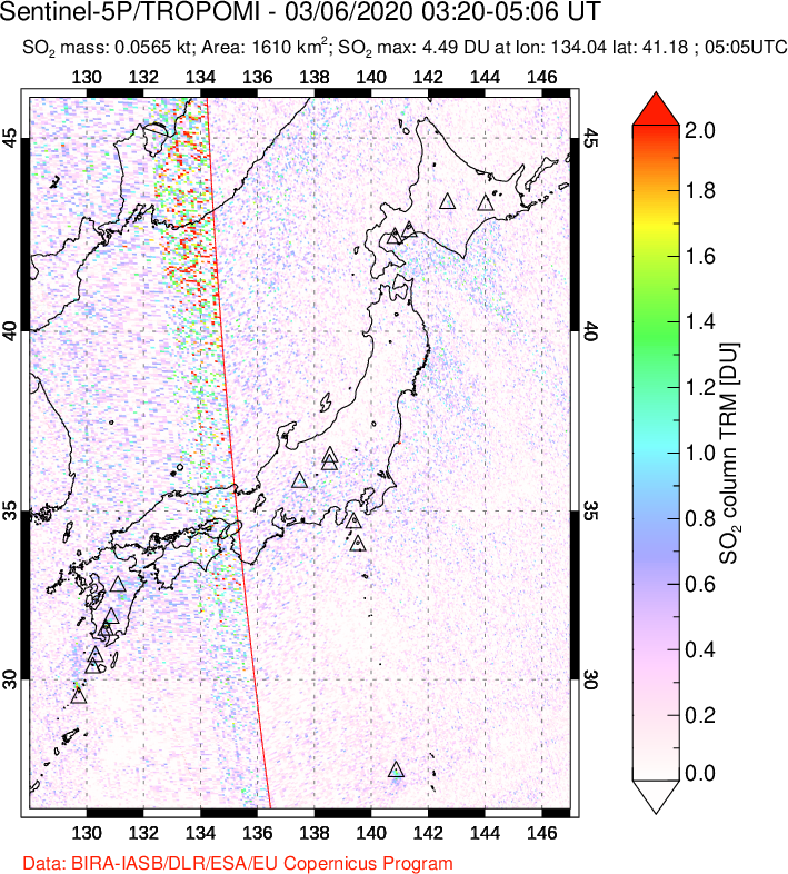 A sulfur dioxide image over Japan on Mar 06, 2020.