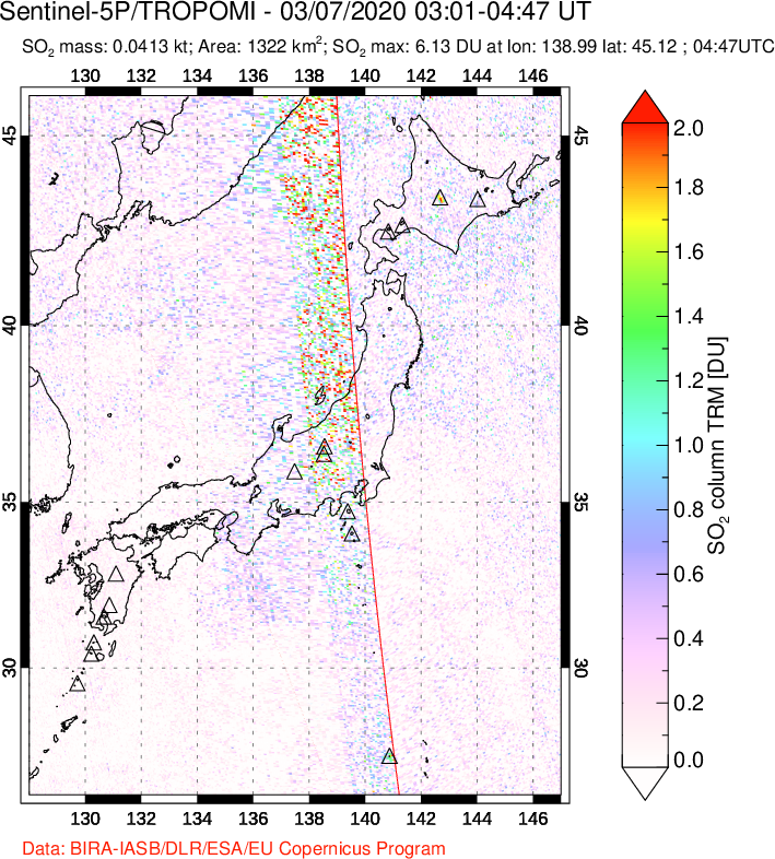 A sulfur dioxide image over Japan on Mar 07, 2020.