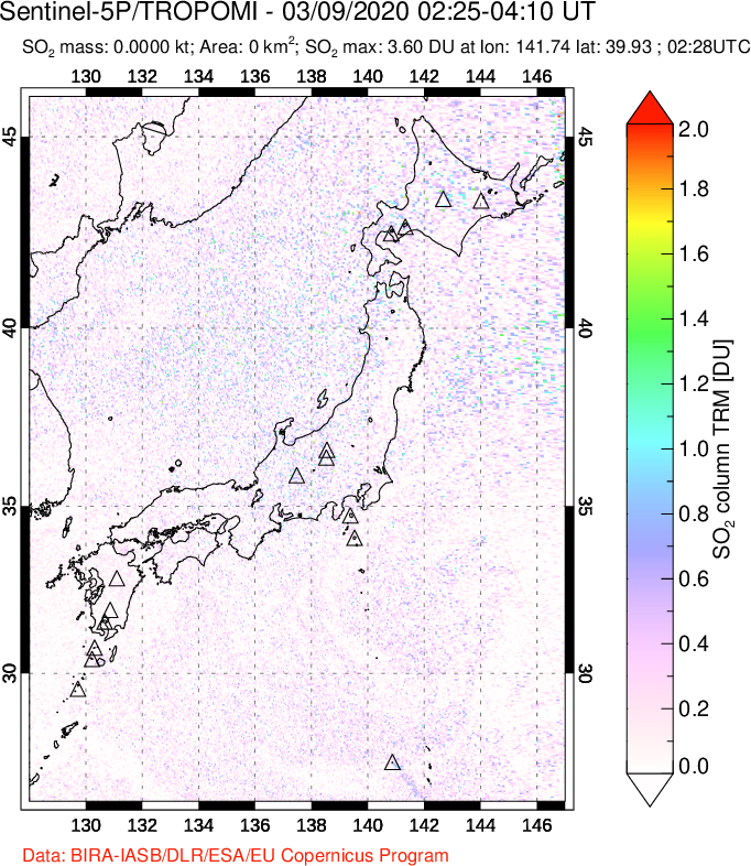 A sulfur dioxide image over Japan on Mar 09, 2020.