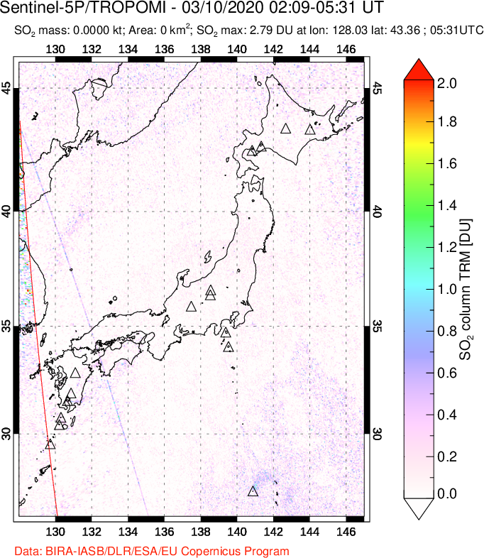A sulfur dioxide image over Japan on Mar 10, 2020.