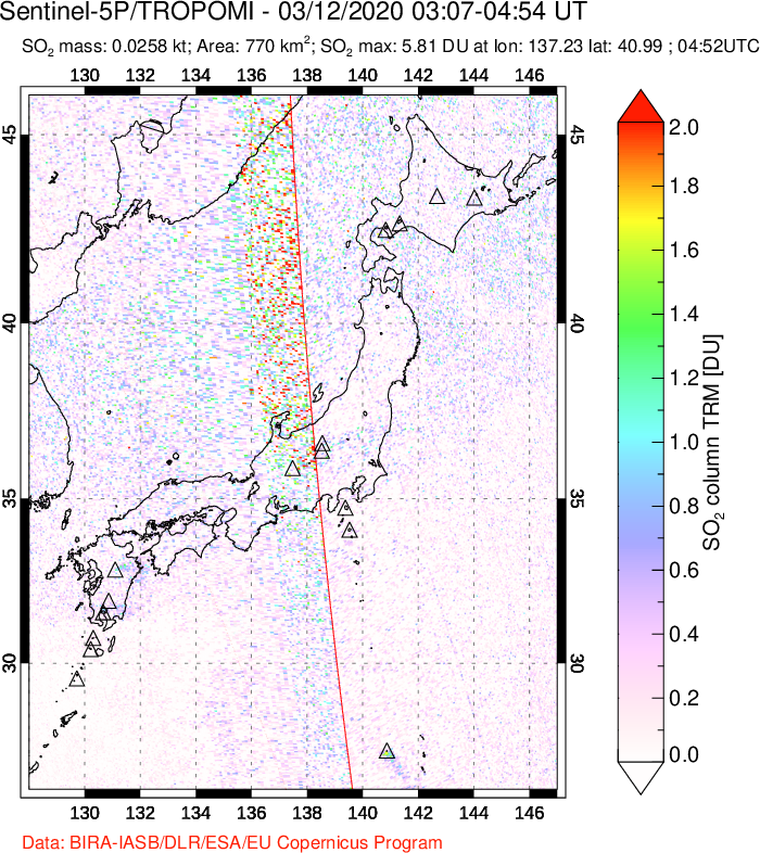A sulfur dioxide image over Japan on Mar 12, 2020.