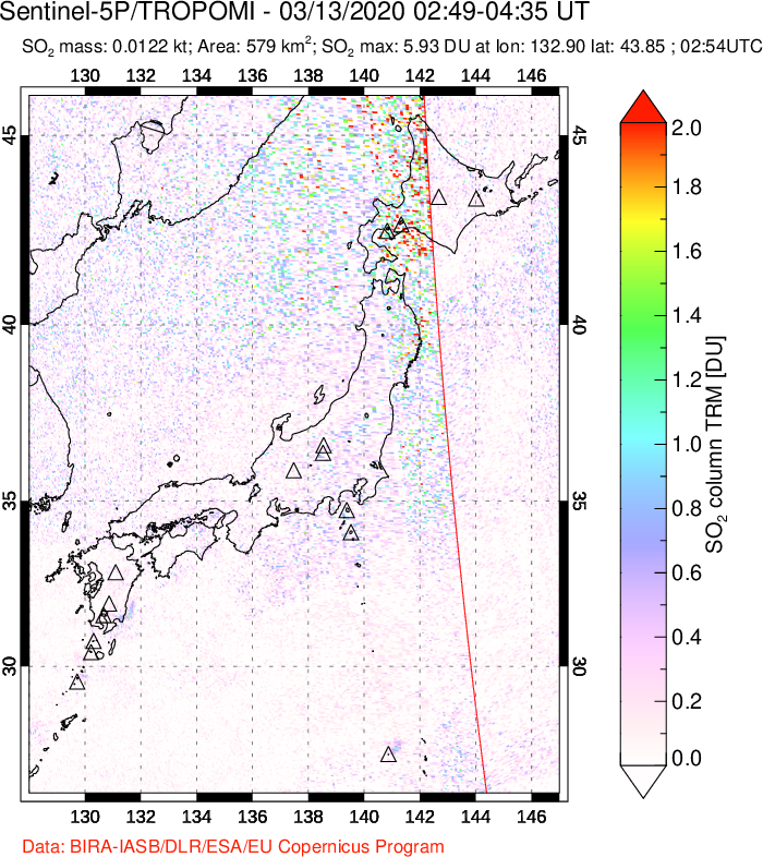 A sulfur dioxide image over Japan on Mar 13, 2020.