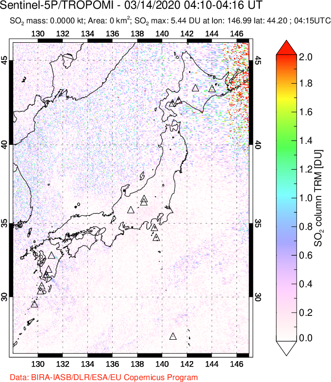 A sulfur dioxide image over Japan on Mar 14, 2020.