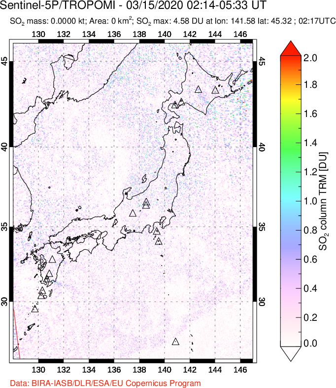 A sulfur dioxide image over Japan on Mar 15, 2020.