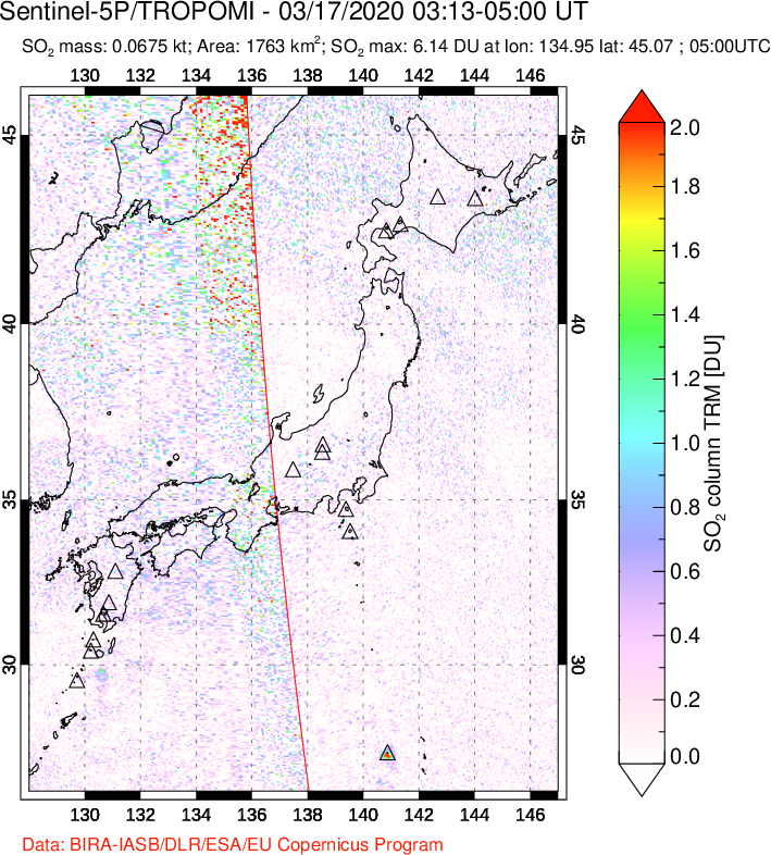 A sulfur dioxide image over Japan on Mar 17, 2020.