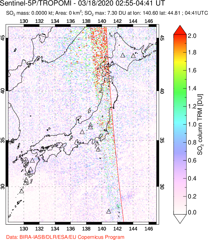 A sulfur dioxide image over Japan on Mar 18, 2020.