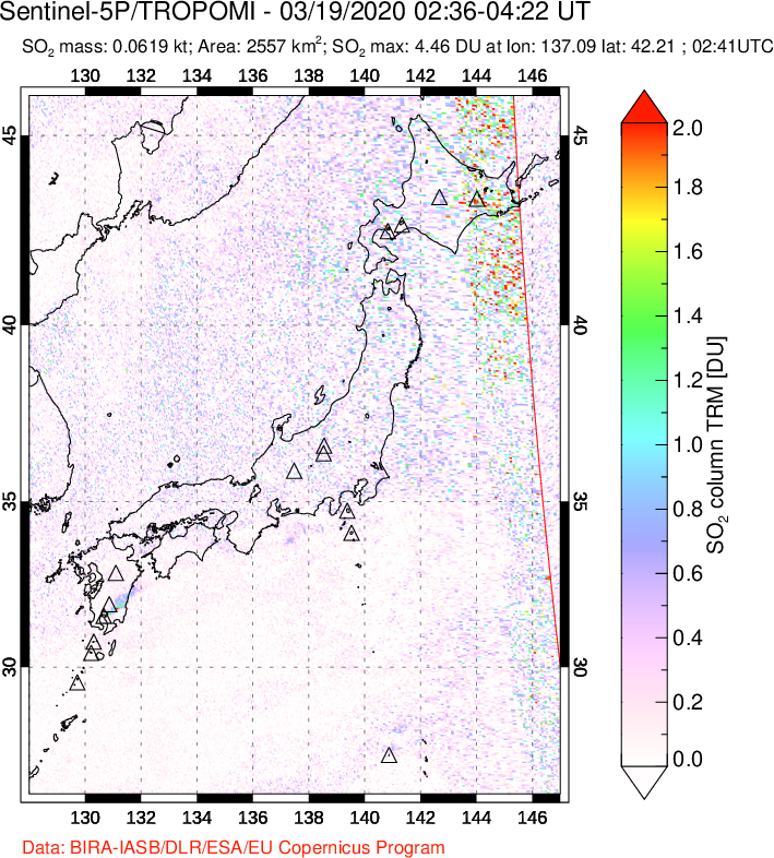 A sulfur dioxide image over Japan on Mar 19, 2020.