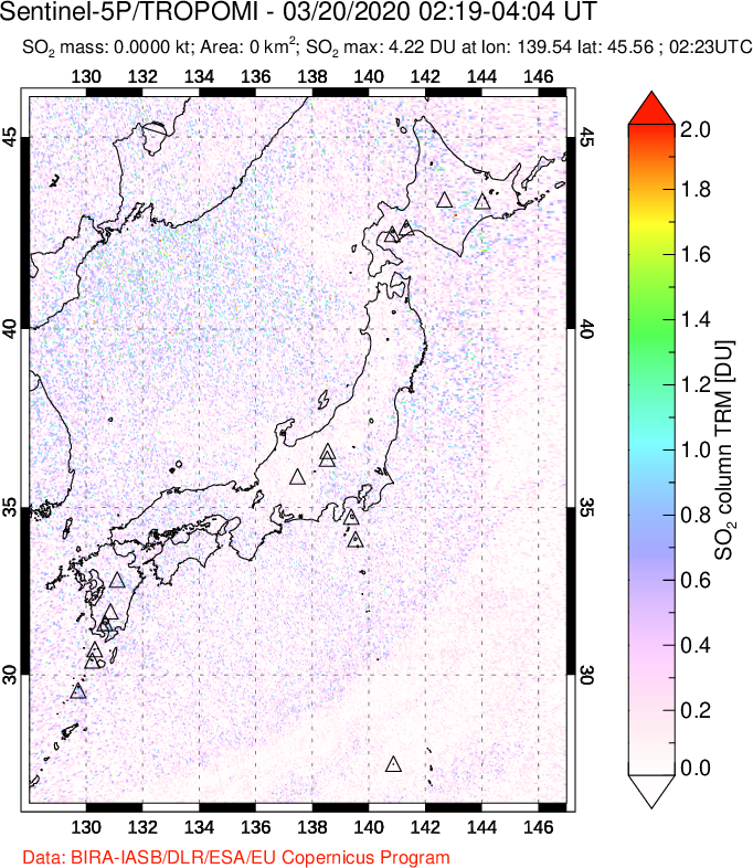 A sulfur dioxide image over Japan on Mar 20, 2020.