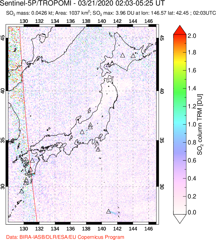 A sulfur dioxide image over Japan on Mar 21, 2020.