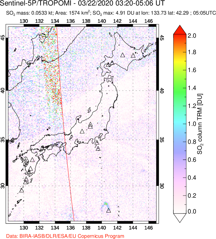 A sulfur dioxide image over Japan on Mar 22, 2020.