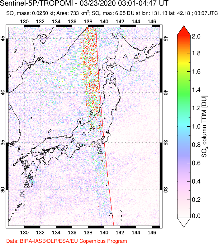 A sulfur dioxide image over Japan on Mar 23, 2020.