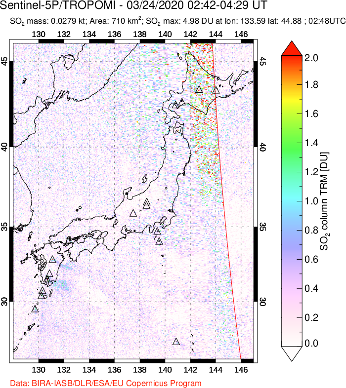 A sulfur dioxide image over Japan on Mar 24, 2020.