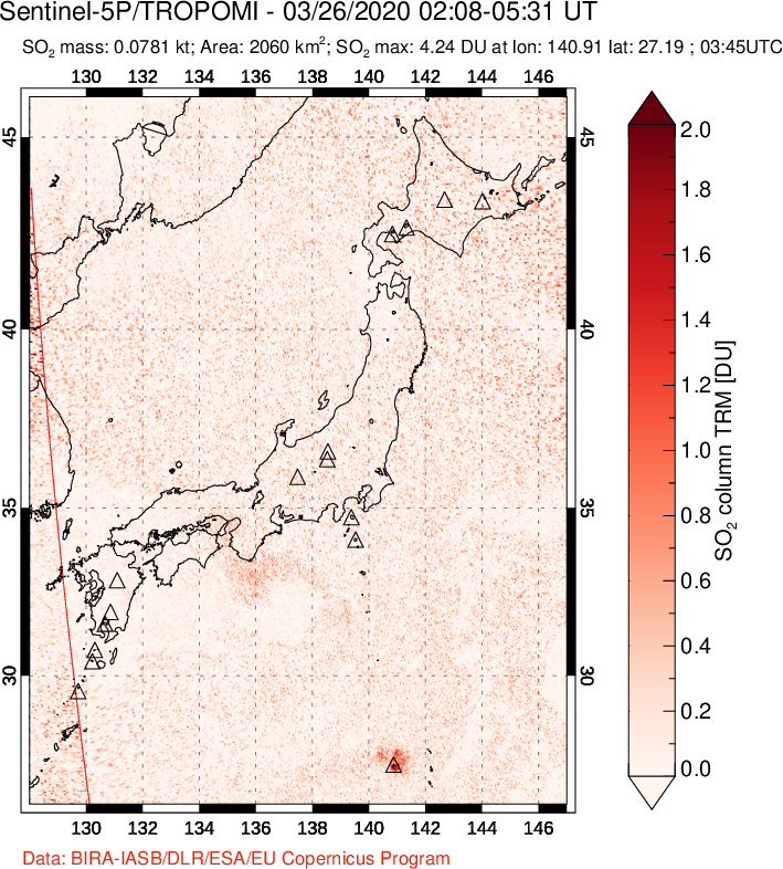 A sulfur dioxide image over Japan on Mar 26, 2020.
