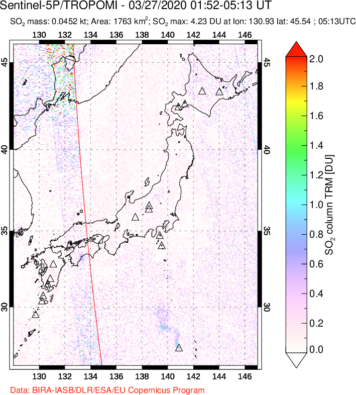 A sulfur dioxide image over Japan on Mar 27, 2020.