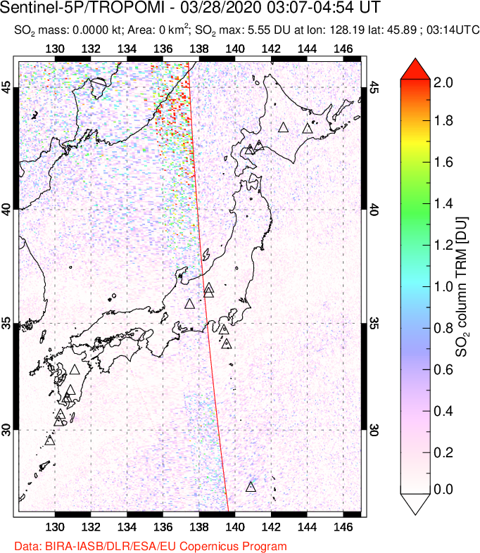 A sulfur dioxide image over Japan on Mar 28, 2020.