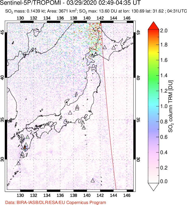 A sulfur dioxide image over Japan on Mar 29, 2020.