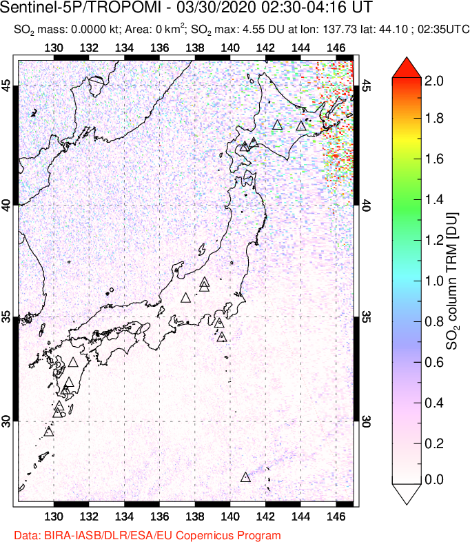 A sulfur dioxide image over Japan on Mar 30, 2020.