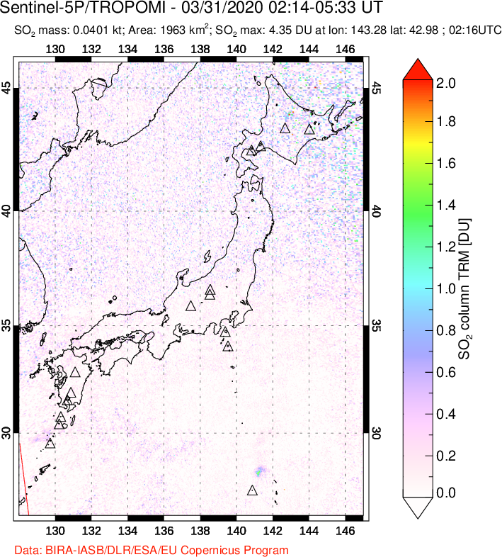 A sulfur dioxide image over Japan on Mar 31, 2020.
