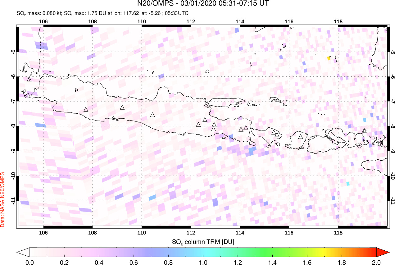 A sulfur dioxide image over Java, Indonesia on Mar 01, 2020.