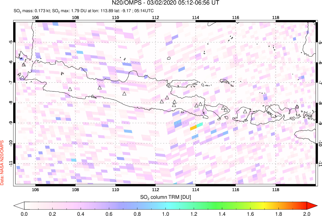 A sulfur dioxide image over Java, Indonesia on Mar 02, 2020.