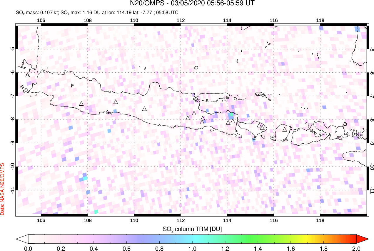 A sulfur dioxide image over Java, Indonesia on Mar 05, 2020.
