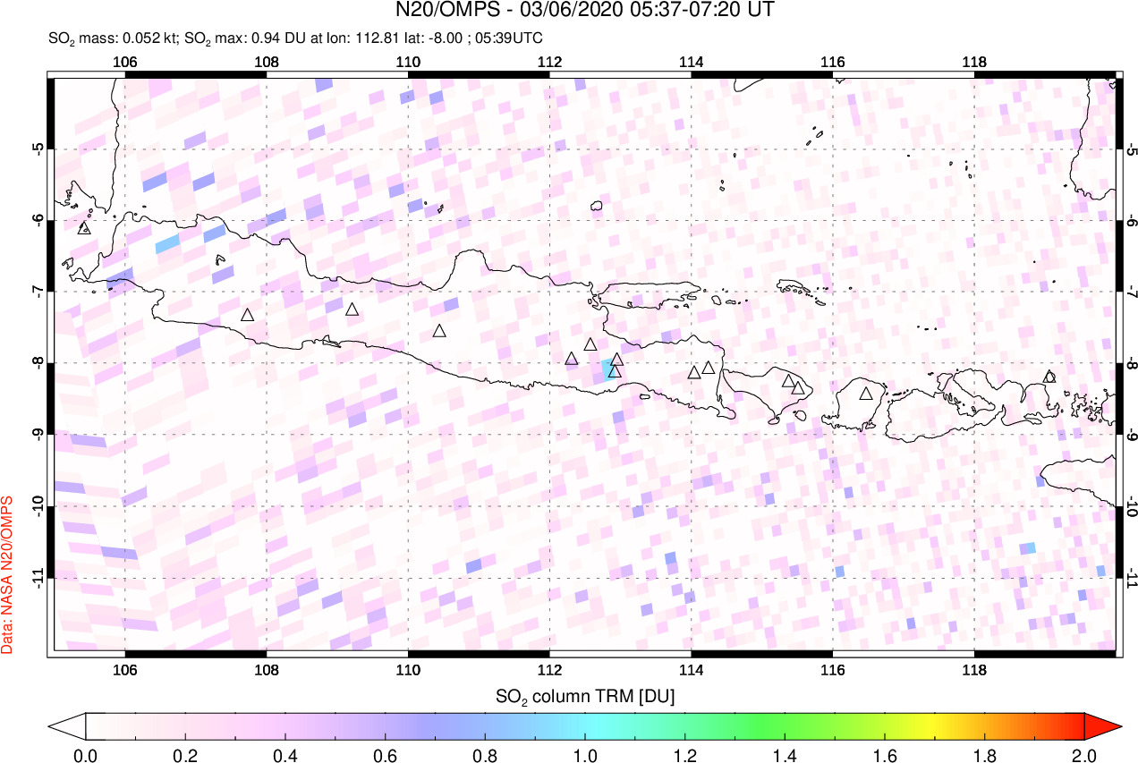 A sulfur dioxide image over Java, Indonesia on Mar 06, 2020.