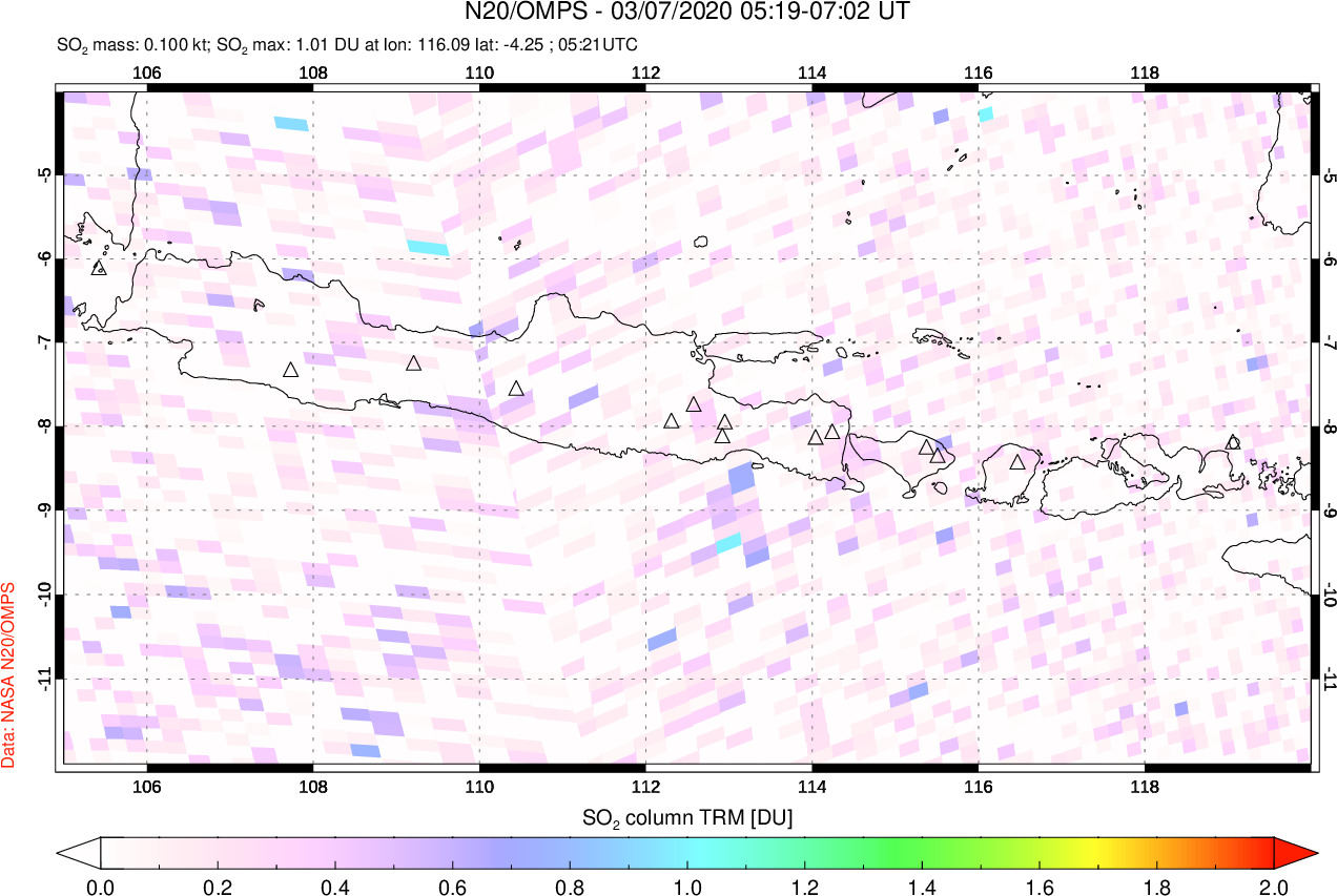 A sulfur dioxide image over Java, Indonesia on Mar 07, 2020.