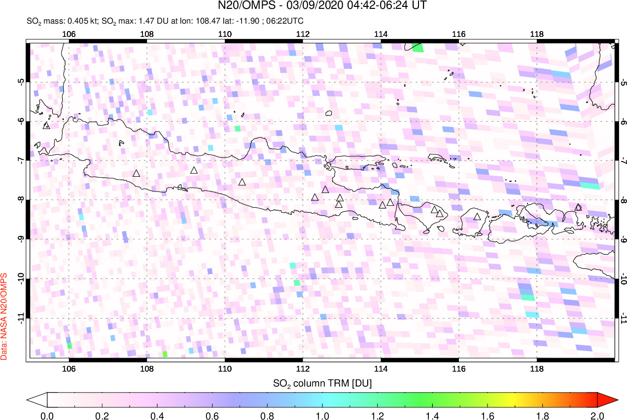 A sulfur dioxide image over Java, Indonesia on Mar 09, 2020.