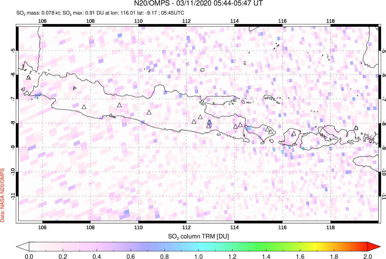 A sulfur dioxide image over Java, Indonesia on Mar 11, 2020.