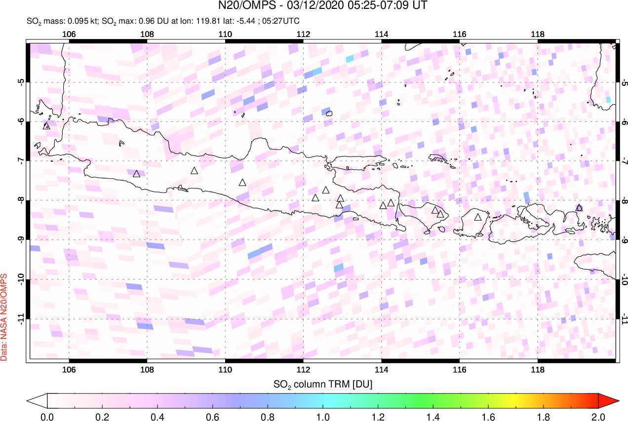 A sulfur dioxide image over Java, Indonesia on Mar 12, 2020.