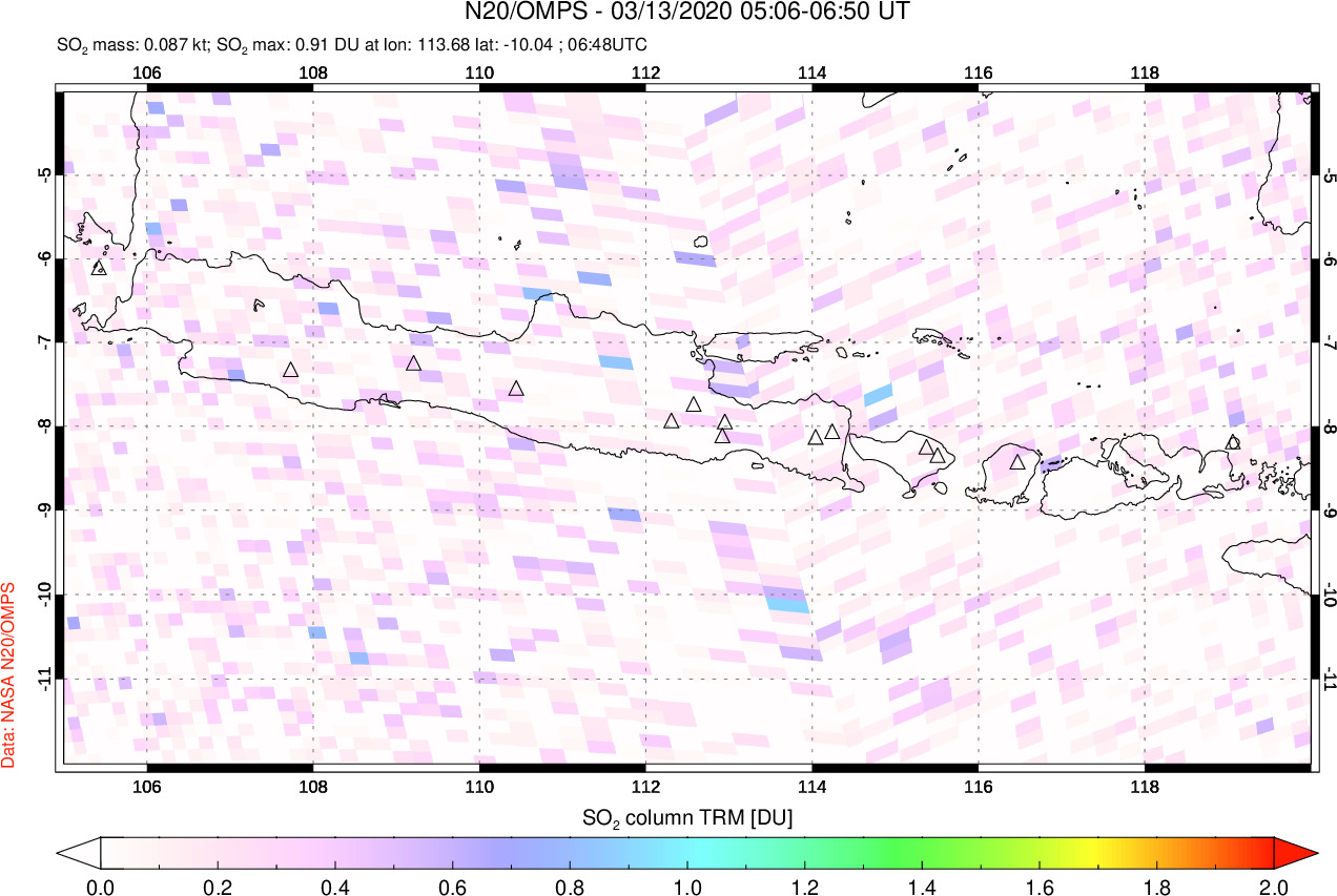 A sulfur dioxide image over Java, Indonesia on Mar 13, 2020.