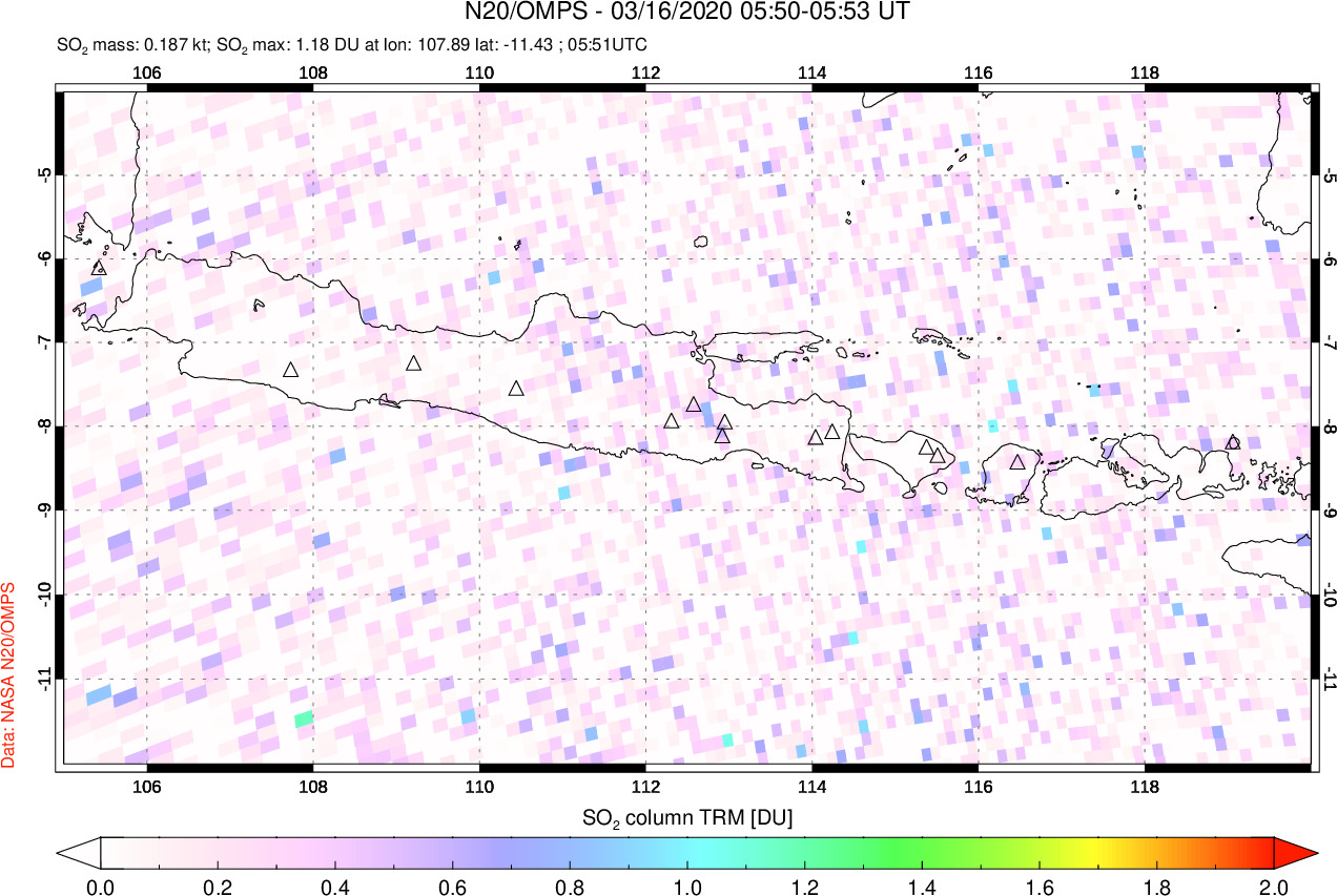 A sulfur dioxide image over Java, Indonesia on Mar 16, 2020.