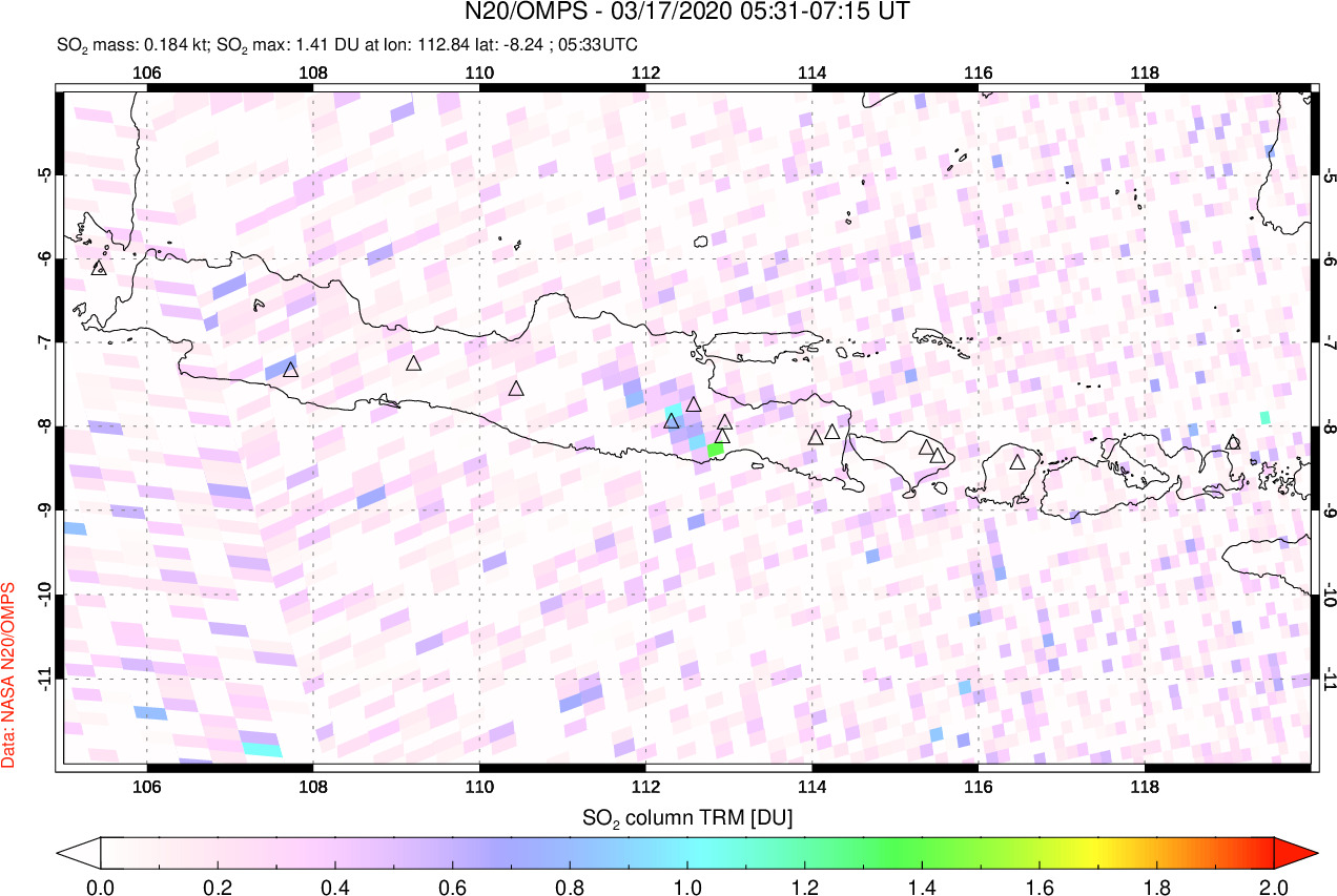 A sulfur dioxide image over Java, Indonesia on Mar 17, 2020.