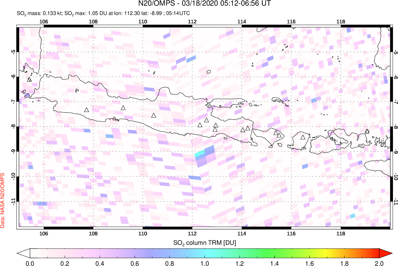 A sulfur dioxide image over Java, Indonesia on Mar 18, 2020.
