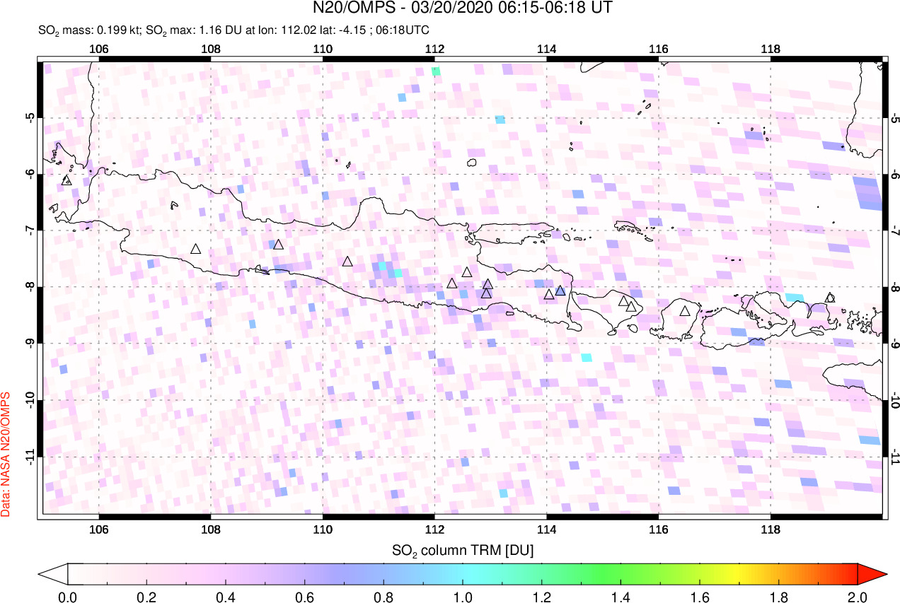A sulfur dioxide image over Java, Indonesia on Mar 20, 2020.