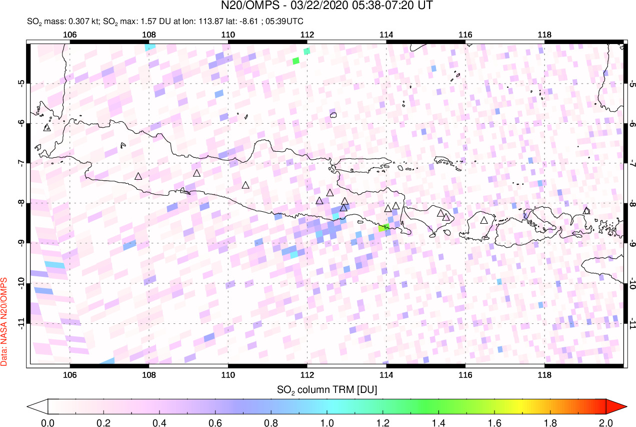A sulfur dioxide image over Java, Indonesia on Mar 22, 2020.