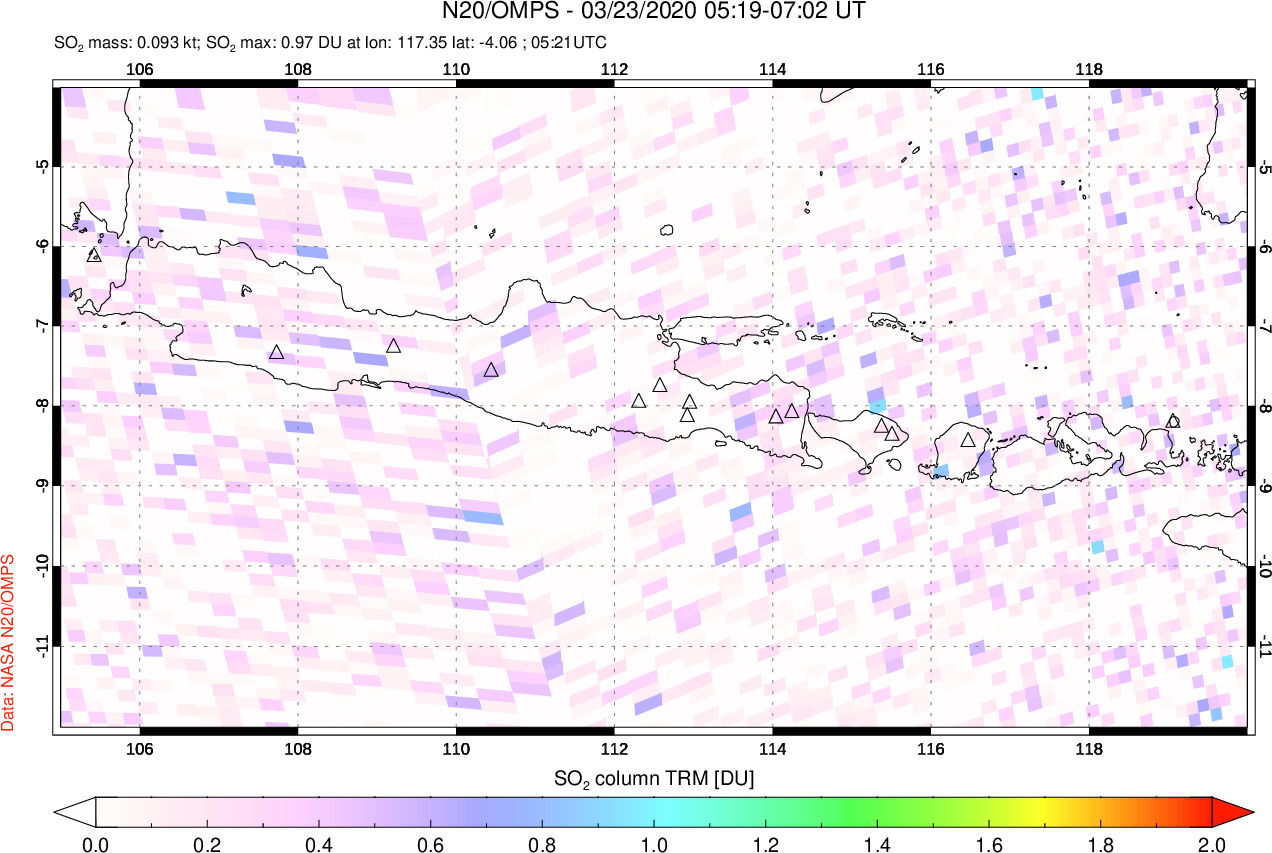 A sulfur dioxide image over Java, Indonesia on Mar 23, 2020.