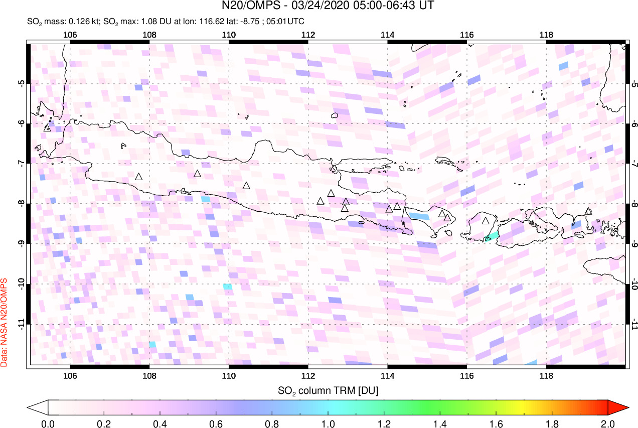 A sulfur dioxide image over Java, Indonesia on Mar 24, 2020.