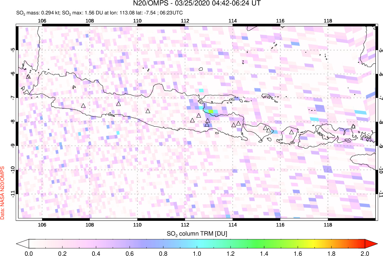 A sulfur dioxide image over Java, Indonesia on Mar 25, 2020.